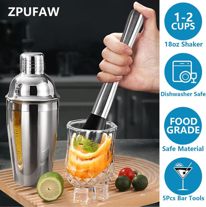 5-Piece Cocktail Shaker Set Shaker Strainer Jigger T-Mixing Spoon Muddler Bartender Kit Stainless Steel Bar Set Housewarming Gift