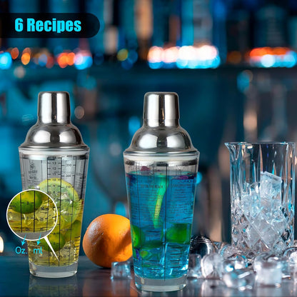 Glass Cocktail Shaker with Strainer, 14Oz Martini Shaker with 6 Recipes on Side, Clear Drink Shaker Bottle with Measurements, Bar Shakers Set Bartender Kit for Mixing Cocktail, Margarita