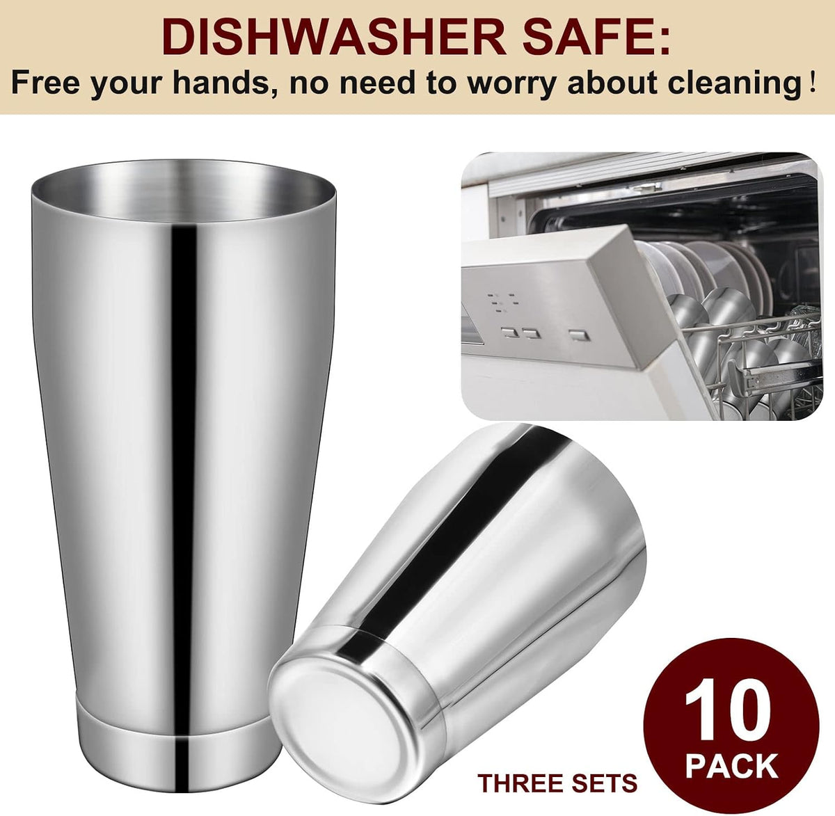 10 Pieces Stainless Steel Cocktail Shaker Boston Set, Silver