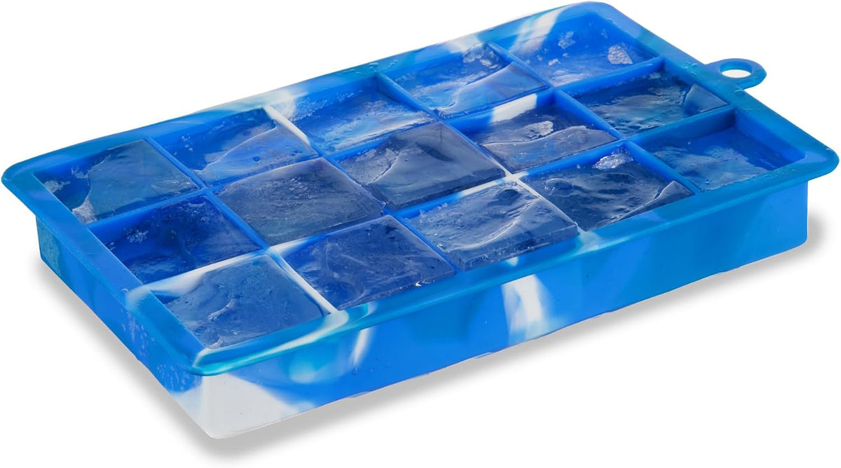 Ice Cube Tray with Lid, Makes 15 1.25" Cubes, Durable Silicone Trays, Perfect for Cocktails, Beverages, Mocktails, Iced Coffee, Tea, Infused Water, Kitchen Essentials, Set of 1, Blue Marble