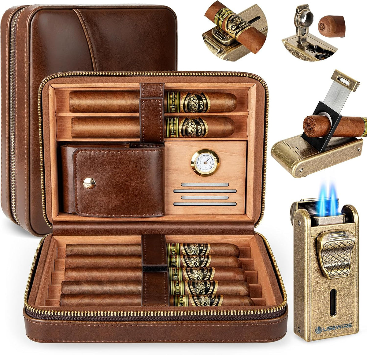 Cigar Humidor, Leather Cigar Case with Cigar Lighter, Built-In Straight Cigar Cutter and Cigar Punch, Travel Cigar Humidor with Humidifier and Cedar Tray, Cigar Accessories Set for Men