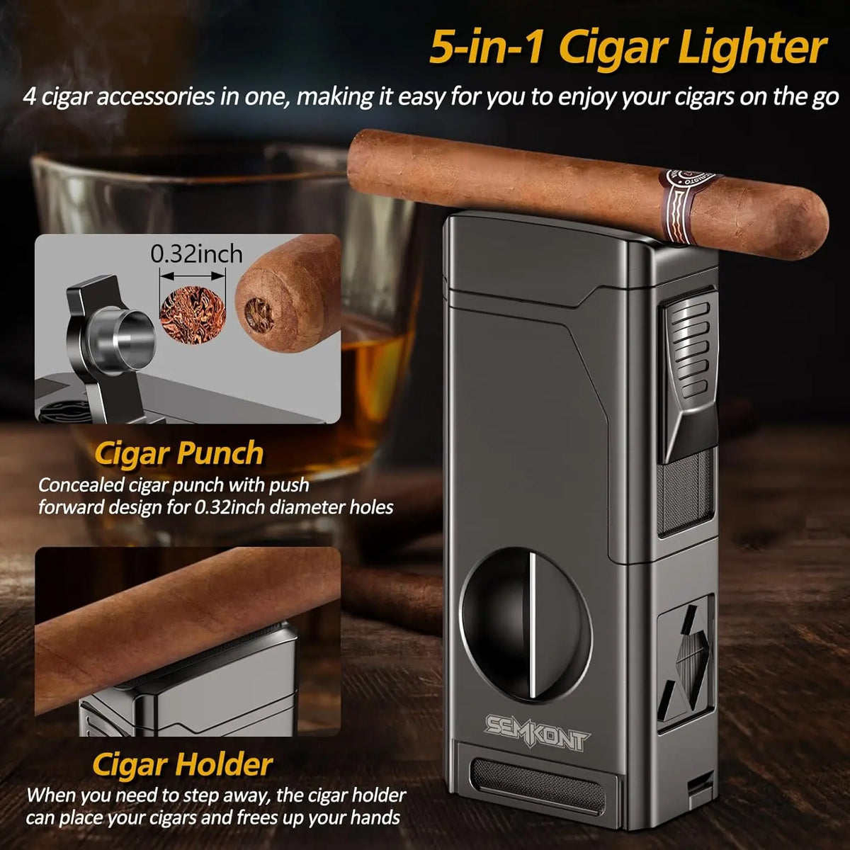 Cigar Lighter 4 Jet Flame Cigar Lighters with Cigar Cutter Cigar Accessories Cigar Draw Enhancer Windproof Refillable Butane