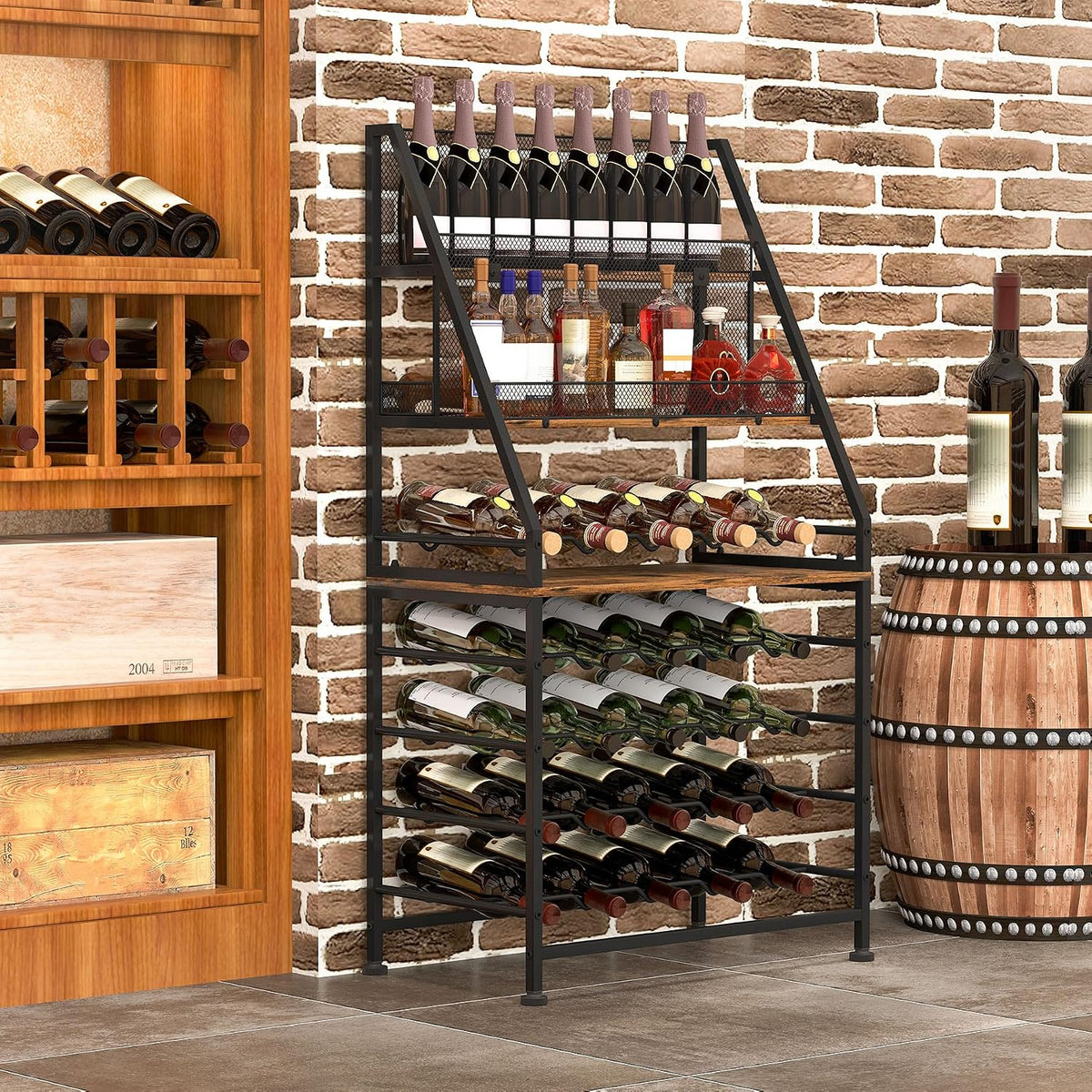 Wine Rack Freestanding Floor Modular Split 40 Bottles Vertical Countertop Wine Racks Tall Liquor Bottle Display Shelf with Hidden Cork Organizer for Home Bar, Black/Antique