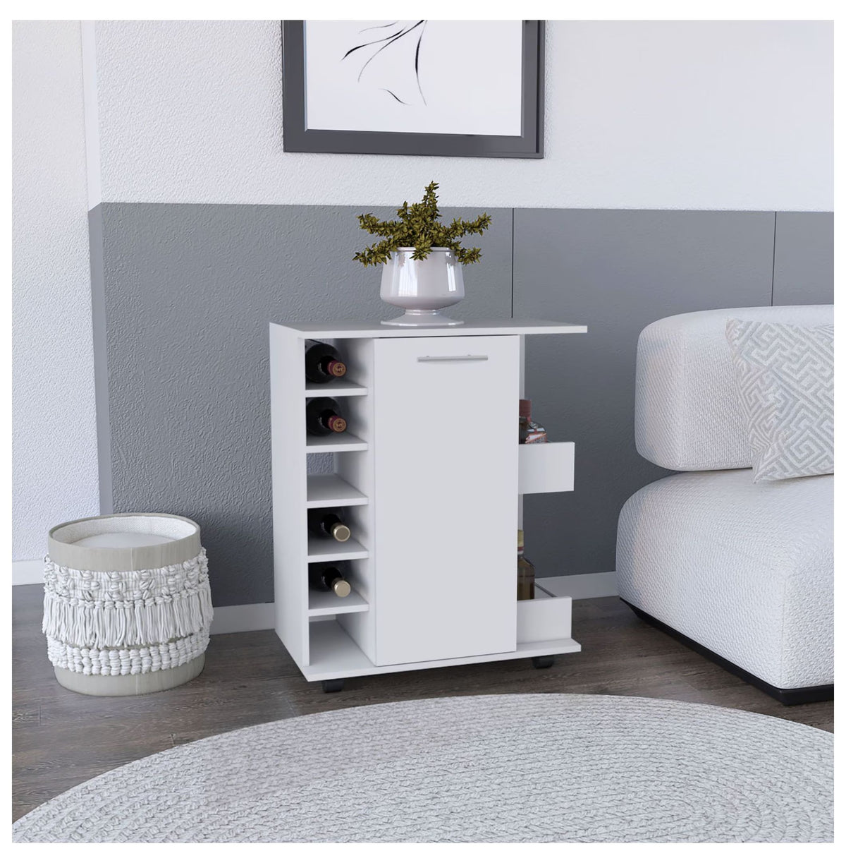 Bar Cart with Wine Storage, White Finish - Cabot Rolling Bar Cart with Shelves & Casters