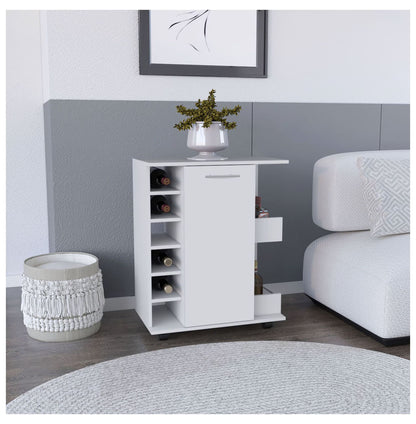 Bar Cart with Wine Storage, White Finish - Cabot Rolling Bar Cart with Shelves & Casters