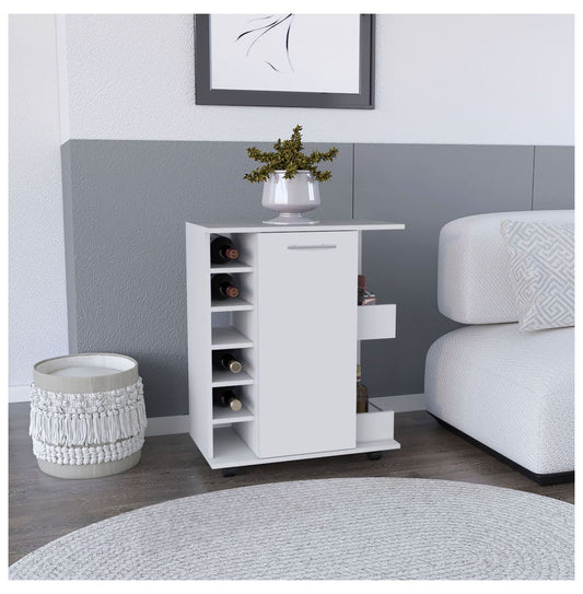 Bar Cart with Wine Storage, White Finish - Cabot Rolling Bar Cart with Shelves & Casters