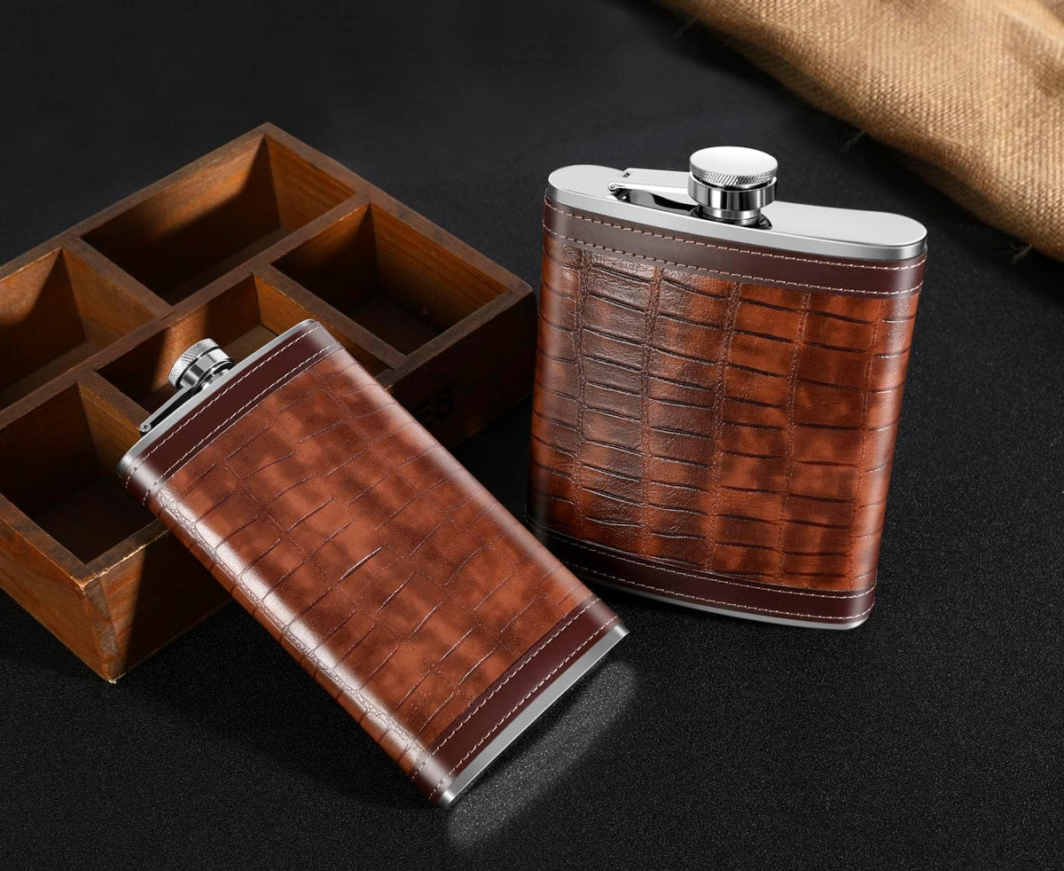 12 Oz Crocodile Pattern Brown Leather Whiskey Liquor Flask