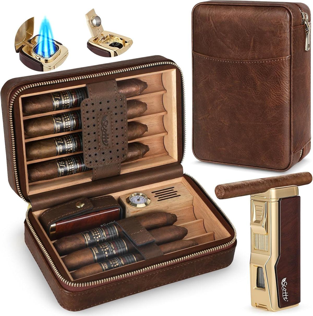 Cigar Humidor Box, Cigar Lighter Cedar Wood Lined Leather Cigar Case Built in Hygrometer & Humidifier, Torch Lighter with Cigar Holder Cigar Punch Portable Travel Cigar Humidor (Smooth Brown)