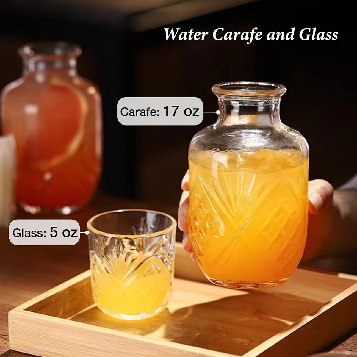 Bedside Water Carafe and Glass Set,  17 OZ Glasses Pitcher & 5 OZ Cup, Bedside Night Carafe Pitchers and Water Glass Tumbler Set, Vintage Glass Water Pitcher with Cup Set for Bedroom