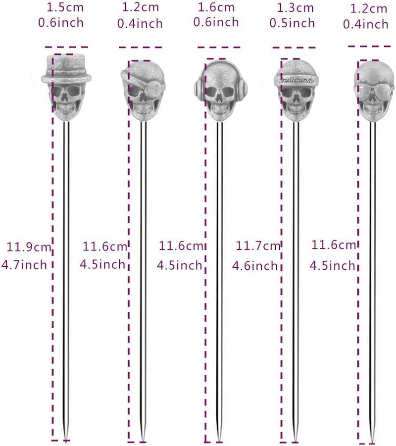 5 Piece Cocktail Picks Stainless Steel Skull Tops Martini Picks Reusable Olive Picks (Antique Silver)