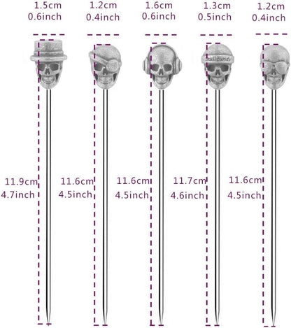 5 Piece Cocktail Picks Stainless Steel Skull Tops Martini Picks Reusable Olive Picks (Antique Silver)