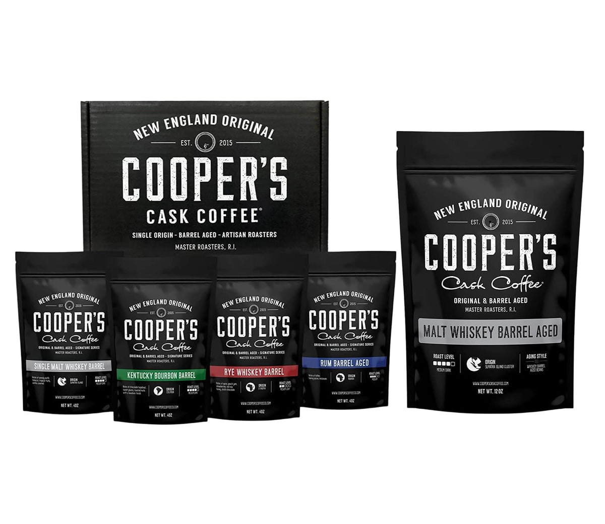 Bourbon & Whiskey Barrel Aged Coffee - Ground - 4-Bag Coffee Set - 4Oz and Single Origin Sumatra Coffee Beans Aged in Stout Whiskey Barrels - Ground Coffee - 12 Oz