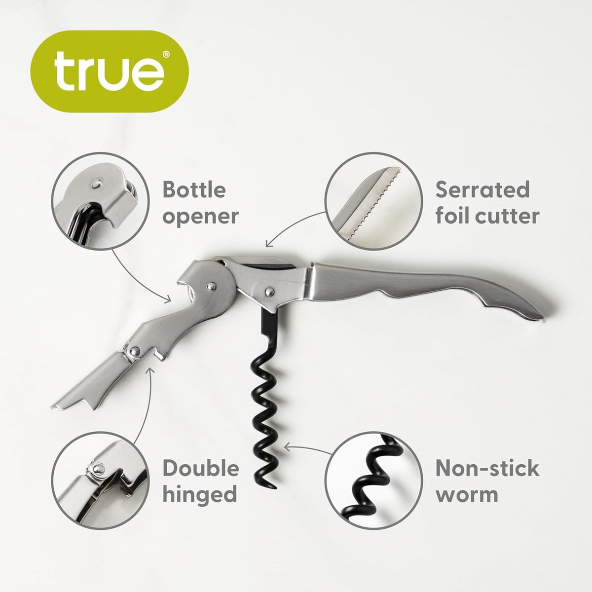 tap Double Hinged Waiter'S Corkscrew Wine Opener, Stainless Steel Wine Bottle Opener with Built in Foil Cutter, Home Bar Tools, Bar Cart Accessories, Wedding Gifts, Set of 1, Silver