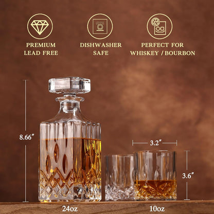 Crystal Whiskey Decanter Set in Gift Box - Includes 4 Crystal Whiskey Glasses and 4 Big Ice Ball Molds - Unique Whiskey Gift for Men