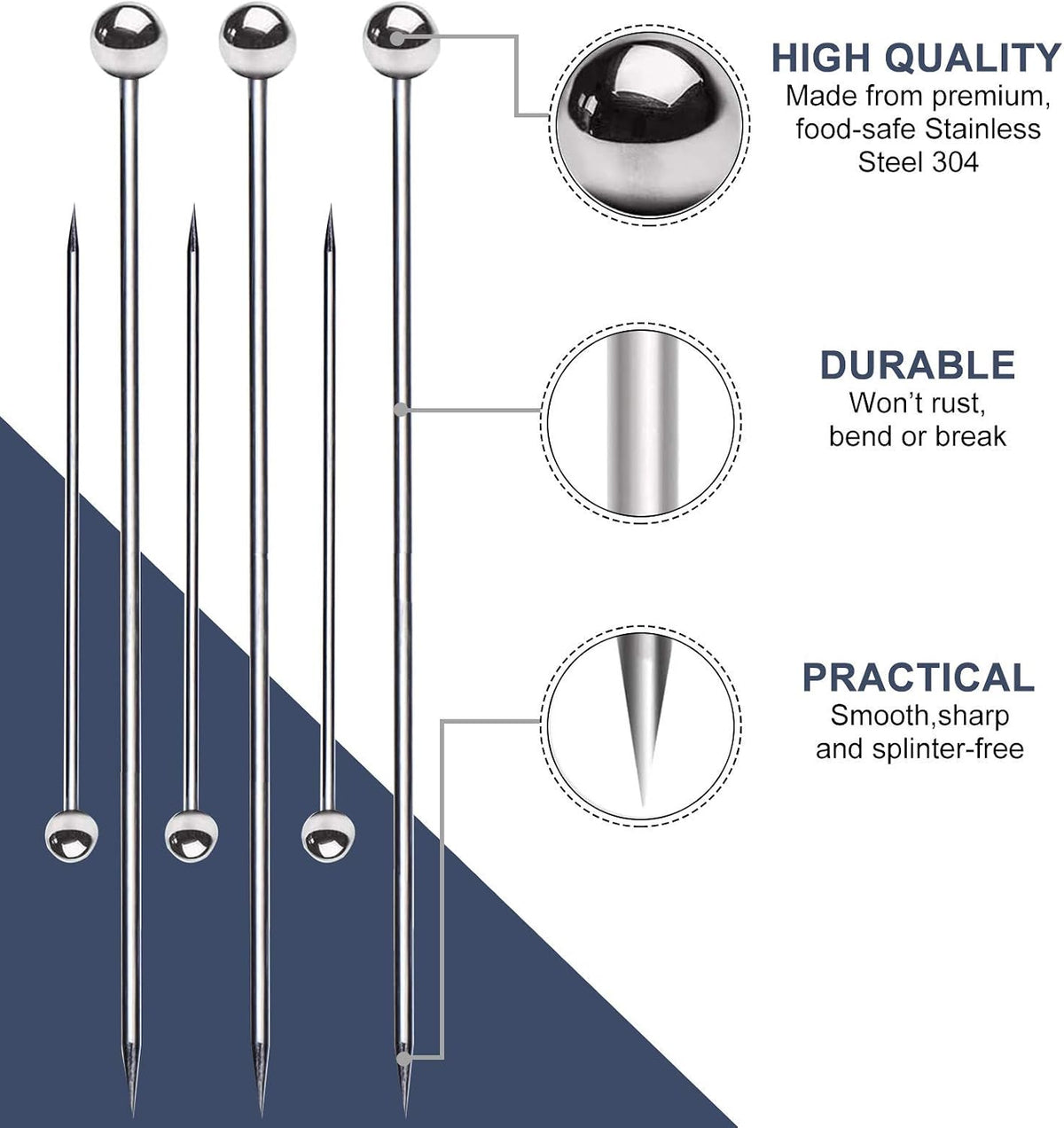 8" Stainless Steel Cocktail Picks, Bloody Mary Skewers (8Inch, Set of 15)