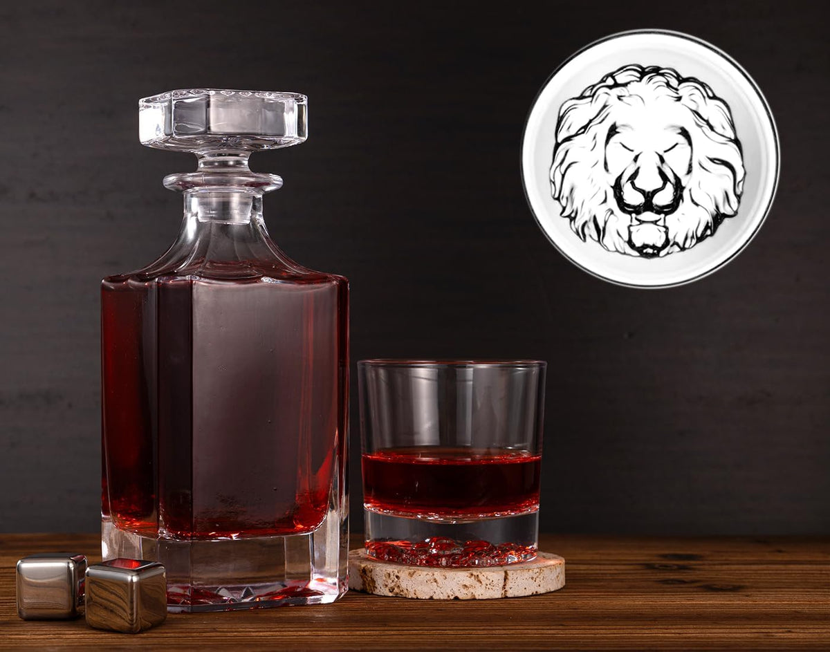 Whiskey Decanter Set with Wooden Box, Lion Whiskey Glasses 10 Oz and 25 Oz Bourbon Decanter Set with 18/10 Stainless Steel Whiskey Stones, Tongs, Whiskey Gifts for Men Husband Dad Wedding