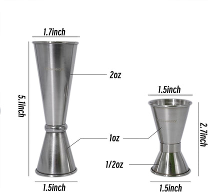 Cocktail Jigger，Double-Sided Jigs Made of Stainless Steel, 2 Oz & 1 Oz and 1/2 Oz & 1 Oz Precise Bartender Tool for Cocktail Shaker Sets,Jigger for Bartending, Home Bars & Mixology