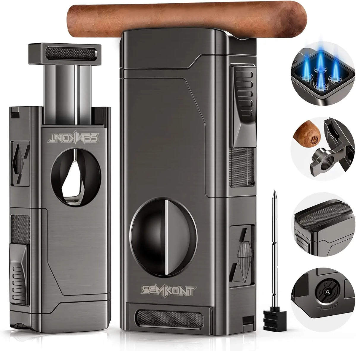 Cigar Lighter 4 Jet Flame Cigar Lighters with Cigar Cutter Cigar Accessories Cigar Draw Enhancer Windproof Refillable Butane