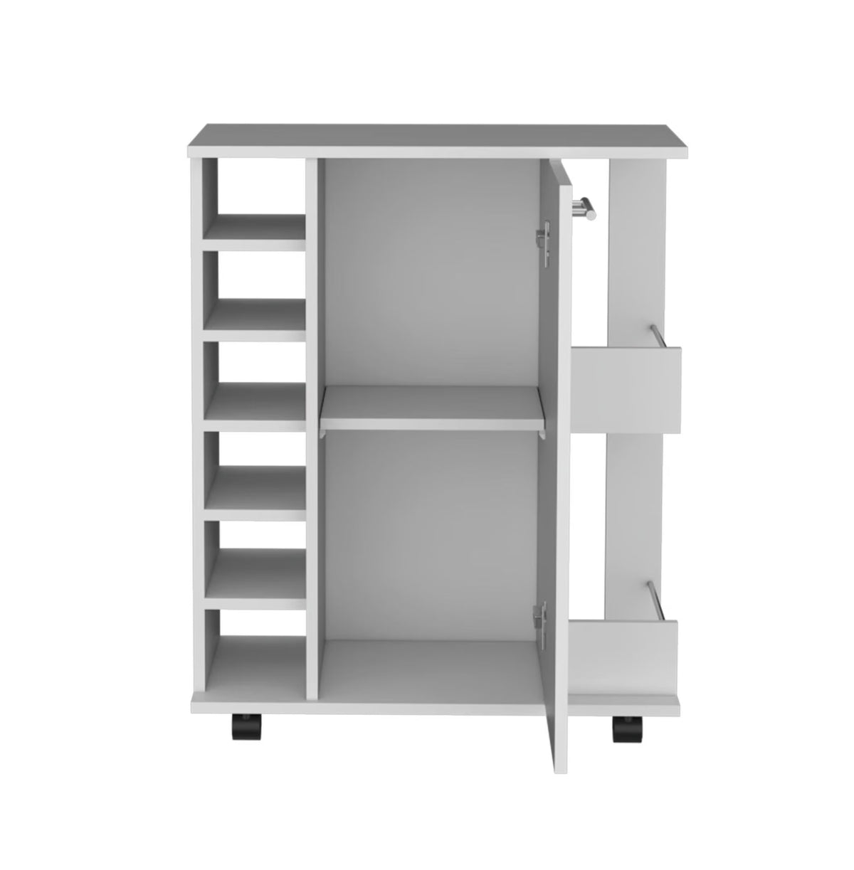 Bar Cart with Wine Storage, White Finish - Cabot Rolling Bar Cart with Shelves & Casters
