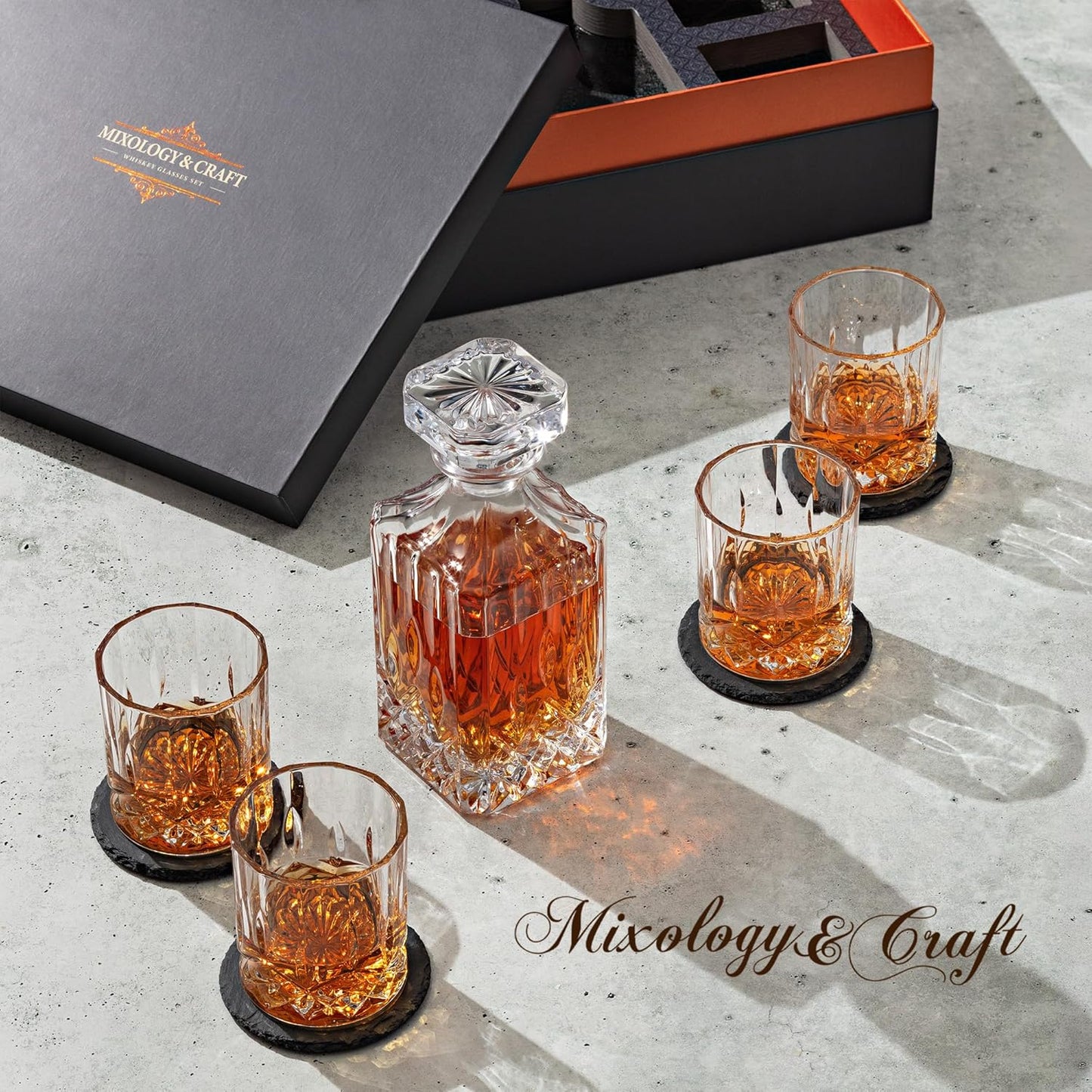 Luxury Whiskey Decanter Gift Set - 25Oz Crystal Decanter, 4 Old-Fashioned Glasses, 4 Slate Coasters with Diamond Pattern Premium Black Gift Box