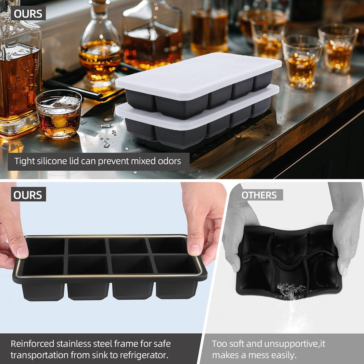 2 Pack Silicone 2 Inch Large Ice Cube Molds for Cocktails Wine Fruit and Bourbon Whiskey Easy Release Ice Cube Tray with Lid Ideal for Cold Drinks and Entertaining Gatherings