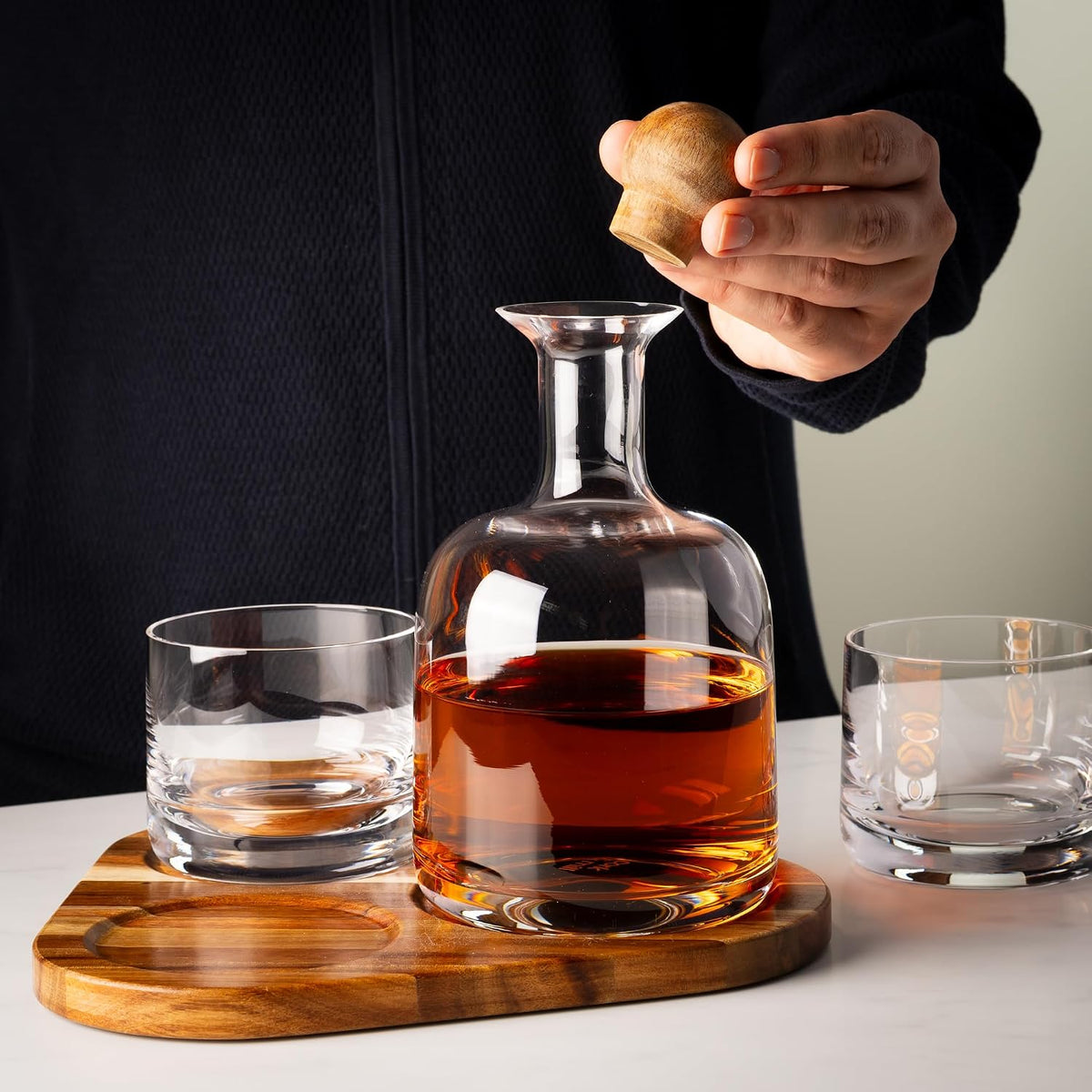 Whiskey Decanter Set with Glasses, Wood Tray and Stopper
