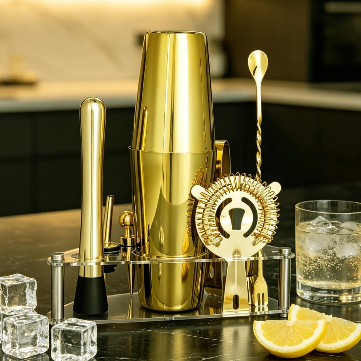 9-Piece Cocktail Shaker with Stand, 25Oz Bartender Kit, Cocktail Shaker with Strainer Set, Boston Shaker Set, Bar Set Jigger for Bartending Drink Mixer Set, Cocktail Set Recipes (Gold-25/20Oz)