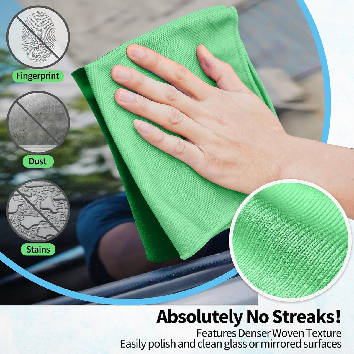 Microfiber Cleaning Cloth, 6 Pack Glasses Cleaning Cloth, 16" ×14" Window Cleaning Rags, Streak Free Lint Free Polishing Cloths Wipes for Eye Glass Stainless Steel Windshield, Sage Green