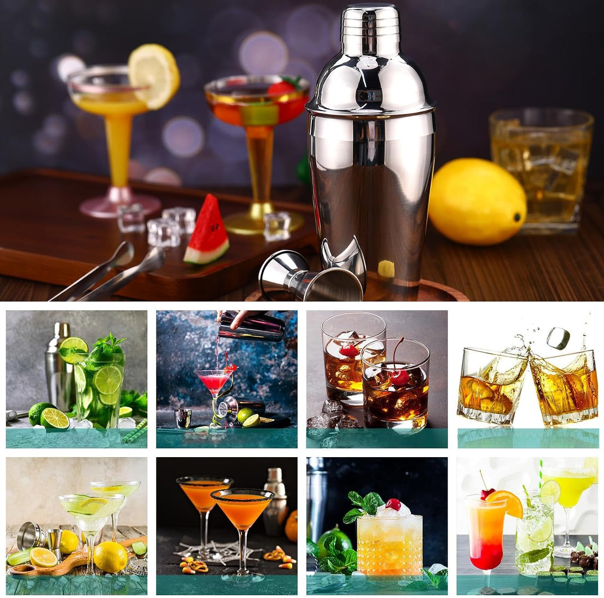 Cocktail Shaker Set Martini Shaker Bulk Stainless Steel Martini Mixer with Strainer and Double Measuring Jigger for Bar Party Home Use Wine Bar(18 Oz/ 550 Ml,4 Packs)