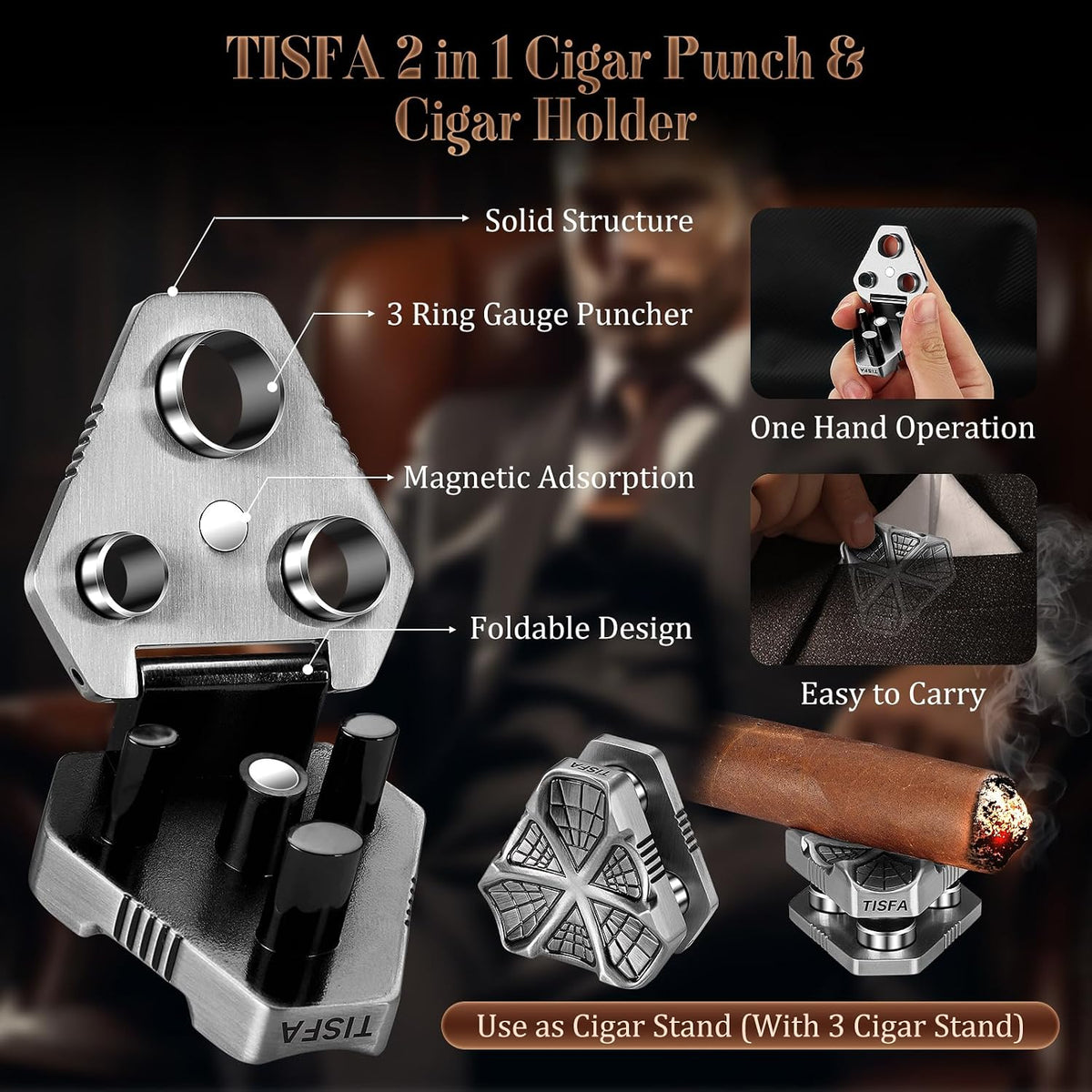 Cigar Punch with Cigar Holder Combo, Triple Punch Cutter and Stand | Mini Portable Cigar Accessories, Metal Cigar Hole Punch Cigar Rest Cigar Kit