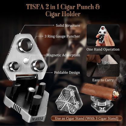 Cigar Punch with Cigar Holder Combo, Triple Punch Cutter and Stand | Mini Portable Cigar Accessories, Metal Cigar Hole Punch Cigar Rest Cigar Kit