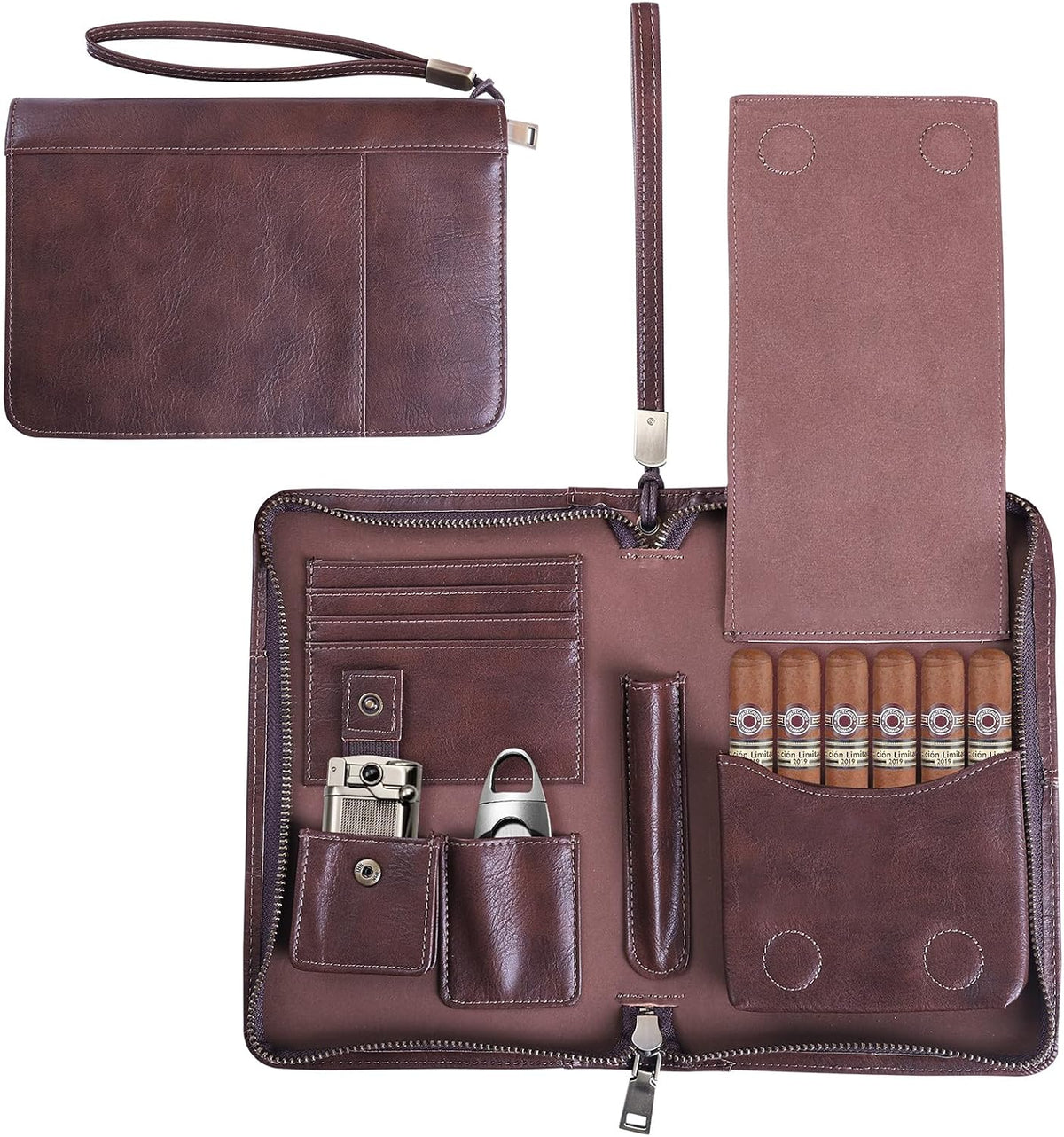 Portable Travel Leather Cigar Case, Handmade Full Grain Leather Cigar Box, Holds 5-6 Cigars, Cigar Humidor, Cigar Accessories for Men Gift