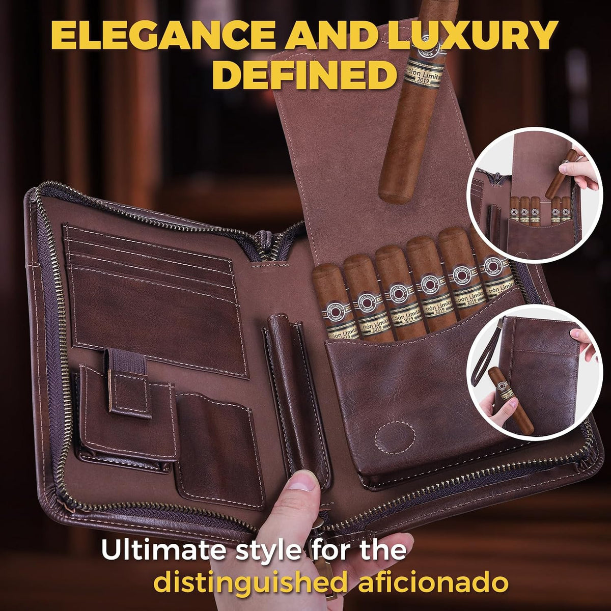 Portable Travel Leather Cigar Case, Handmade Full Grain Leather Cigar Box, Holds 5-6 Cigars, Cigar Humidor, Cigar Accessories for Men Gift