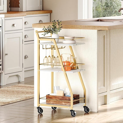 Bar Cart, Gold Bar Cart for the Home, Small Bar Cart on Wheels, Beverage Cart, Home Bar Serving Cart with Glass Holder, Drink Cart for Bar, Kitchen, Marble White and Gold