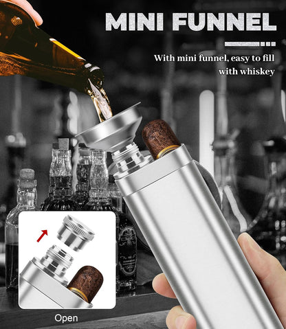 Pack of 2 Stainless Steel Cigar Case 2Pcs Holder+Cigar Tube with Removable Hip Flask, Travel Cases, Cigars Accessory, Christmas Gift for Women Men