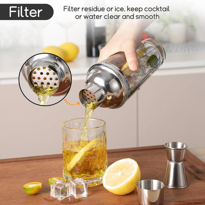Glass Cocktail Shaker with Strainer, 14Oz Martini Shaker with 6 Recipes on Side, Clear Drink Shaker Bottle with Measurements, Bar Shakers Set Bartender Kit for Mixing Cocktail, Margarita