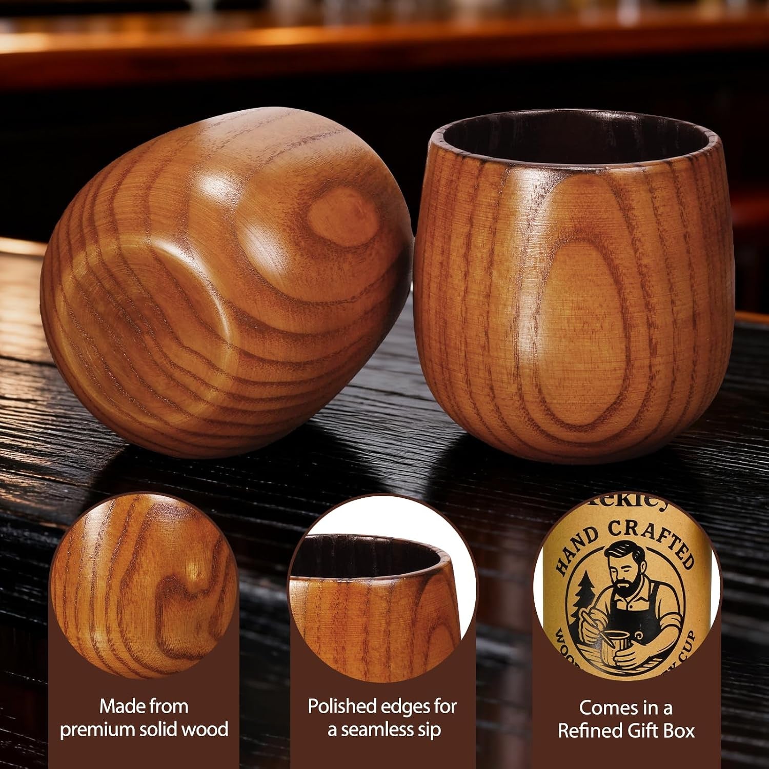 2 Pack Charred Wooden Bourbon Drinking Glass – Handcrafted Bourbon Tumblers with Burnt Interior – 10Oz Old Fashioned Wooden Whiskey Glass– Unique Whiskey Gifts for Men, Dad, Husband, or Brother