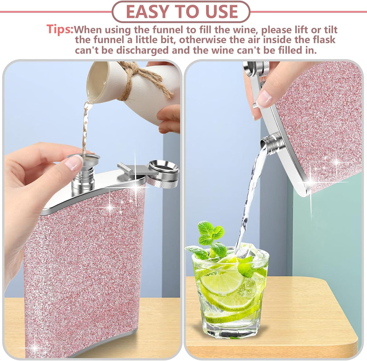 Hip Flask,  8Oz Flasks for Liquor Stainless Steel Spirit with Never-Lose Cap and Funnel Leakproof Thin Portable Metal for Camping Outdoor Activitie Wedding Party Gift, Pink