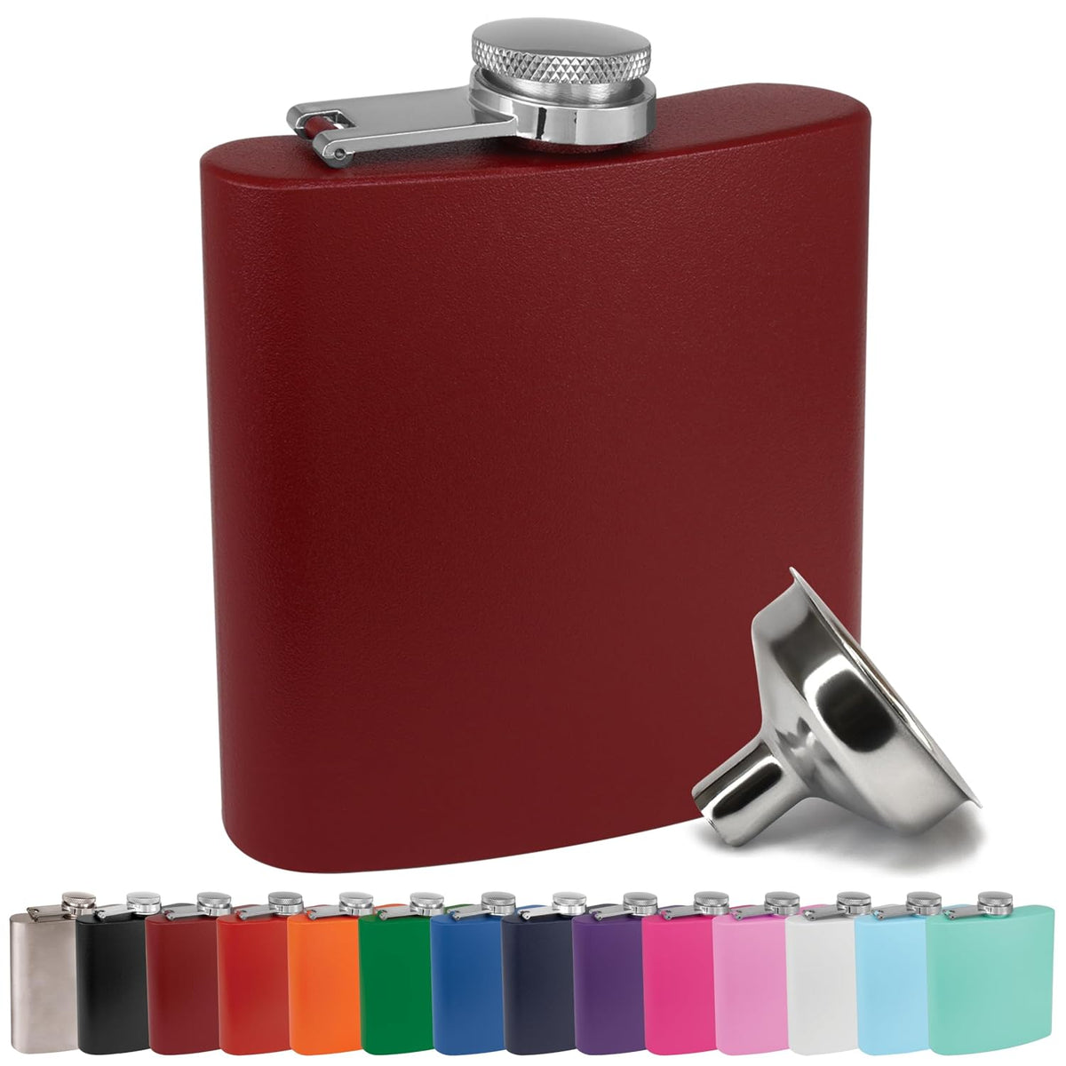 6 Oz Hip Flask W/Funnel, Matte Maroon