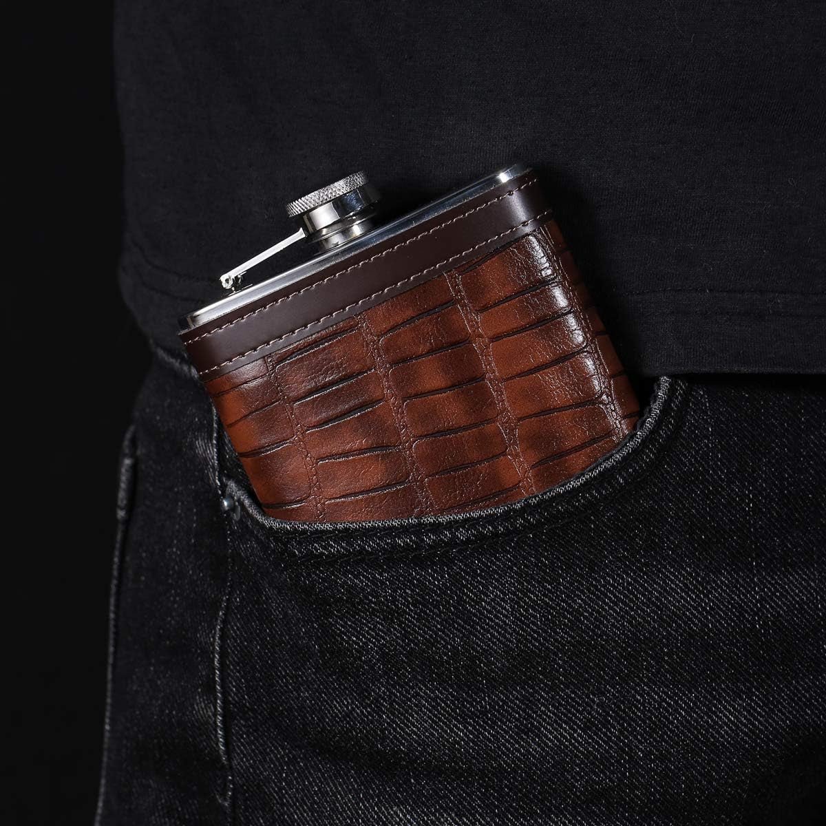 12 Oz Crocodile Pattern Brown Leather Whiskey Liquor Flask