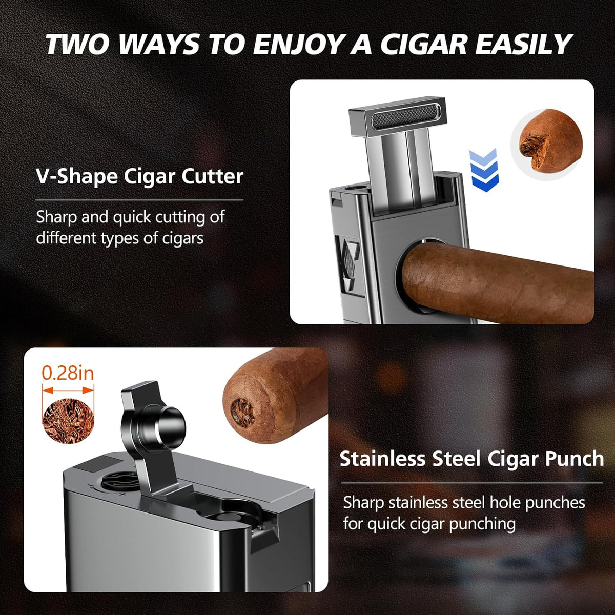Cigar Torch Lighter, 4 Jet Flame Cigar Lighter with Cigar Cutter V Cut Cigar Accessories Cigar Holder Cigar Punch Cigar Draw Enhancer, Windproof Refillable Butane Lighter, Cigar Gifts for Men