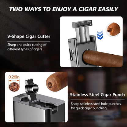 Cigar Torch Lighter, 4 Jet Flame Cigar Lighter with Cigar Cutter V Cut Cigar Accessories Cigar Holder Cigar Punch Cigar Draw Enhancer, Windproof Refillable Butane Lighter, Cigar Gifts for Men