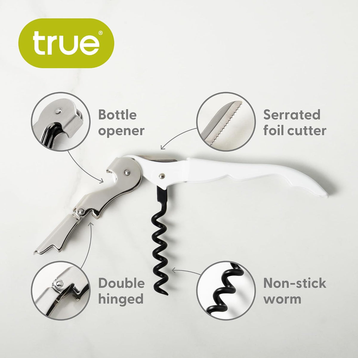 tap Double Hinged Waiter'S Corkscrew Wine Opener, Stainless Steel Wine Bottle Opener with Built in Foil Cutter, Home Bar Tools, Bar Cart Accessories, Wedding Gifts, Set of 1, White