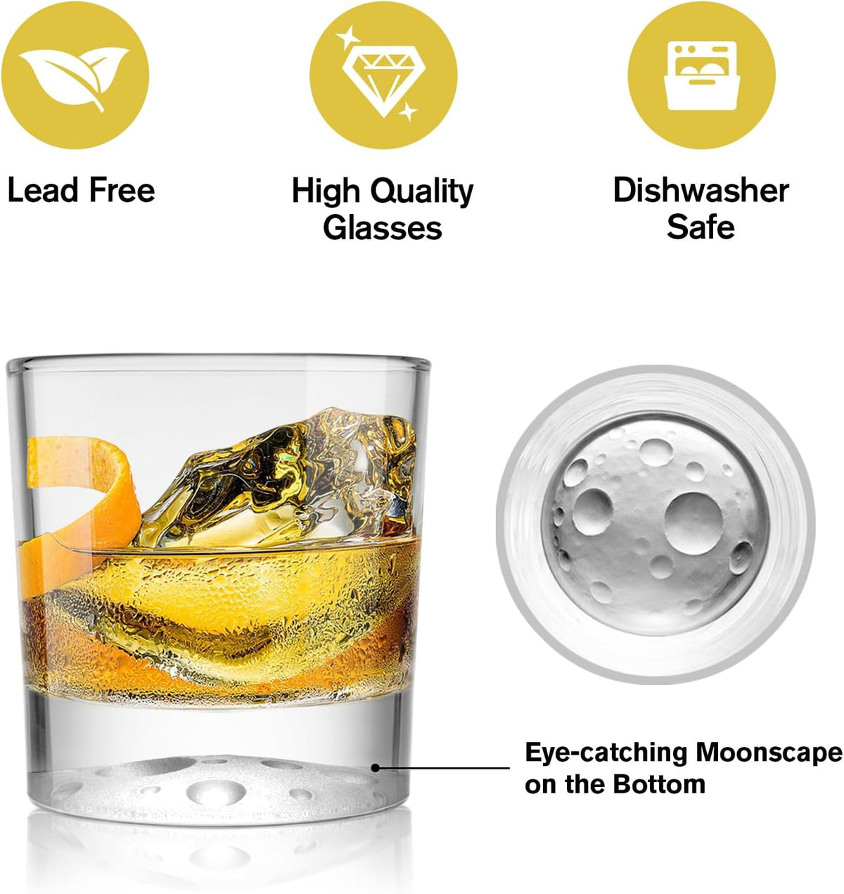Moon Bottom Whiskey Glasses Set of 4, 9.5 Oz Old Fashioned Glasses