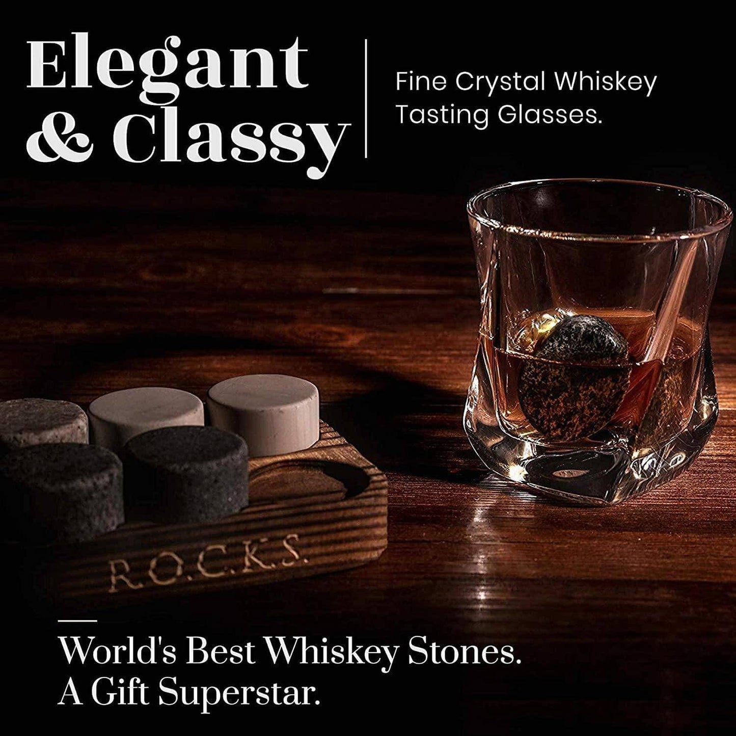 Whiskey Chilling Stones Gift Set with 2 Twist Crystal Glasses - Premium Granite Chillers & Elegant Lead-Free Tumblers for Perfectly Chilled Whiskey