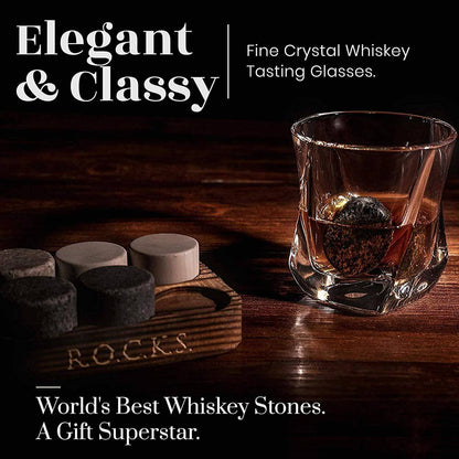 Whiskey Chilling Stones Gift Set with 2 Twist Crystal Glasses - Premium Granite Chillers & Elegant Lead-Free Tumblers for Perfectly Chilled Whiskey