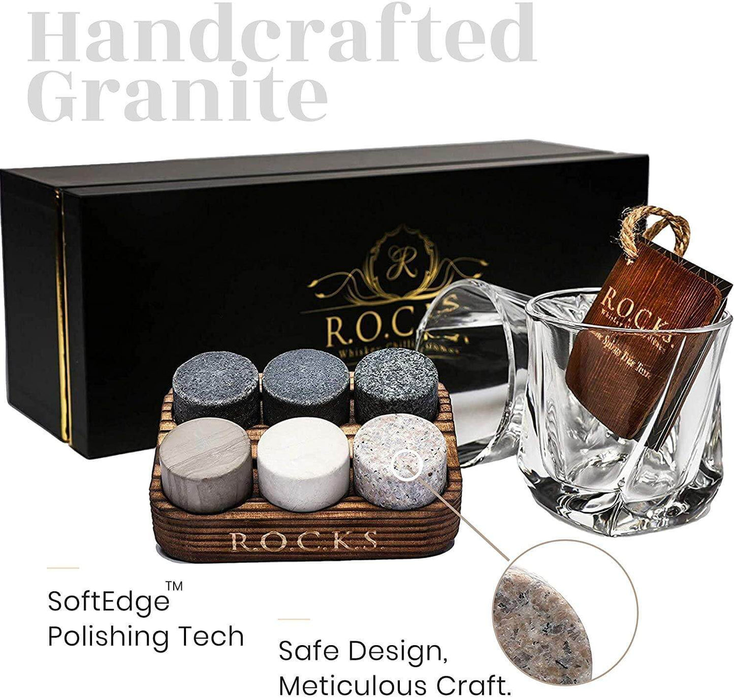 Whiskey Chilling Stones Gift Set with 2 Twist Crystal Glasses - Premium Granite Chillers & Elegant Lead-Free Tumblers for Perfectly Chilled Whiskey