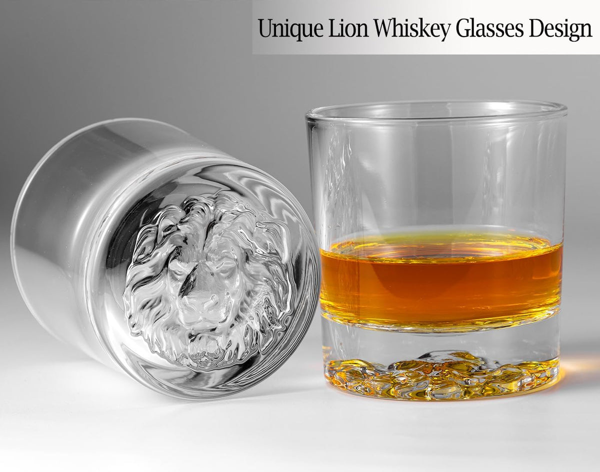 Whiskey Decanter Set with Wooden Box, Lion Whiskey Glasses 10 Oz and 25 Oz Bourbon Decanter Set with 18/10 Stainless Steel Whiskey Stones, Tongs, Whiskey Gifts for Men Husband Dad Wedding