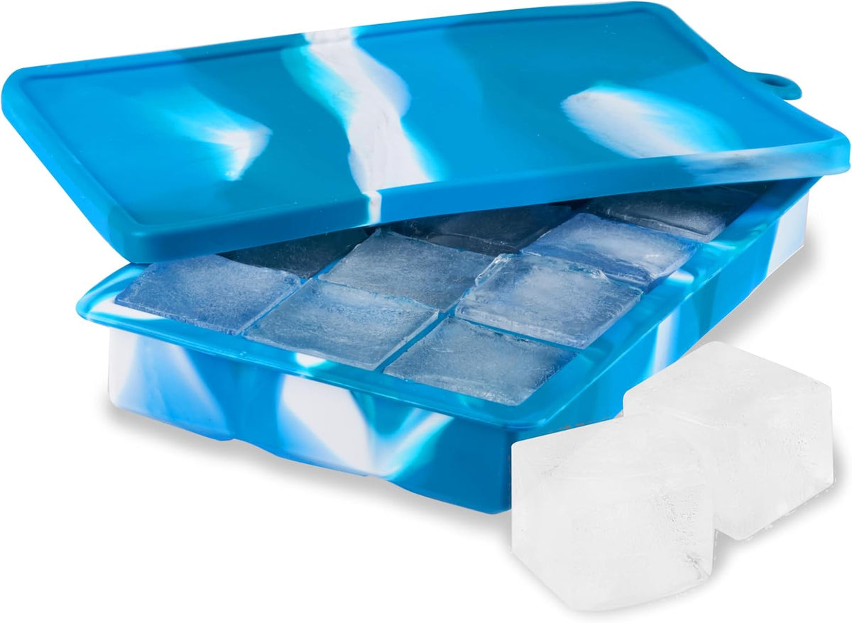 Ice Cube Tray with Lid, Makes 15 1.25" Cubes, Durable Silicone Trays, Perfect for Cocktails, Beverages, Mocktails, Iced Coffee, Tea, Infused Water, Kitchen Essentials, Set of 1, Blue Marble