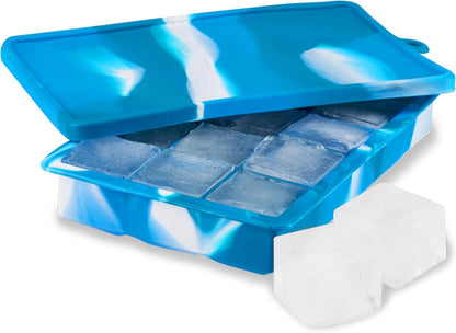 Ice Cube Tray with Lid, Makes 15 1.25" Cubes, Durable Silicone Trays, Perfect for Cocktails, Beverages, Mocktails, Iced Coffee, Tea, Infused Water, Kitchen Essentials, Set of 1, Blue Marble